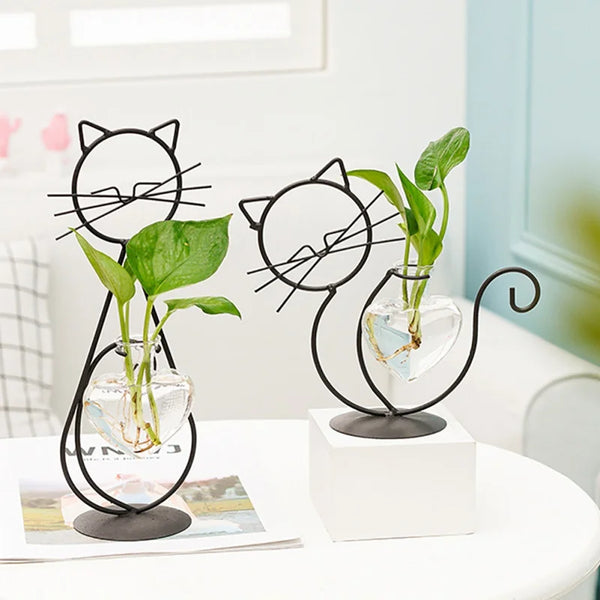 Cute Cat Iron Flower Vase with Metal Holder for Hydroponics
