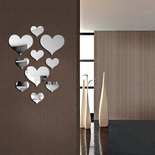 10 Pcs Love Heart Mirror Wall Stickers for DIY Home Decoration