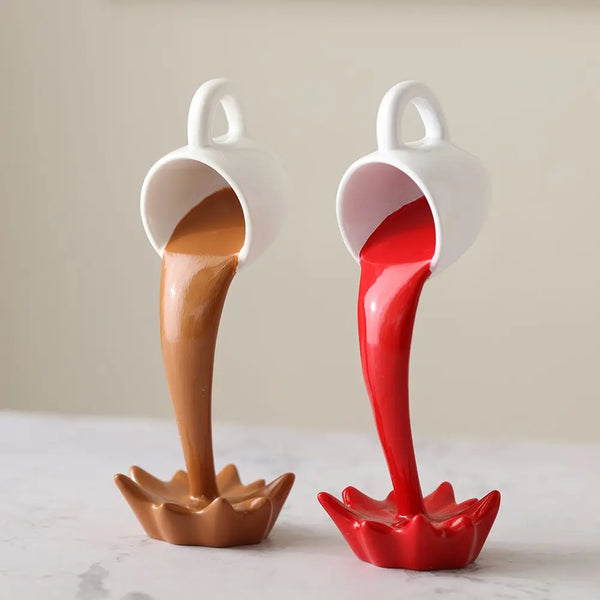 Floating Coffee Cup Sculpture with Spilling Magic Pour for Decor